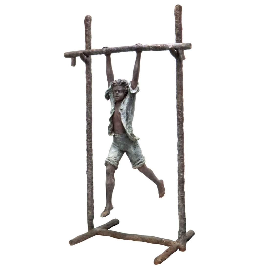 LIFE SIZE BRONZE SCULPTURE, YOUNG BOY: LIFE SIZE BRONZE SCULPTURE, YOUNG BOY SWINGING FROM A LIMB. HEIGHT 98"; WIDTH 60"