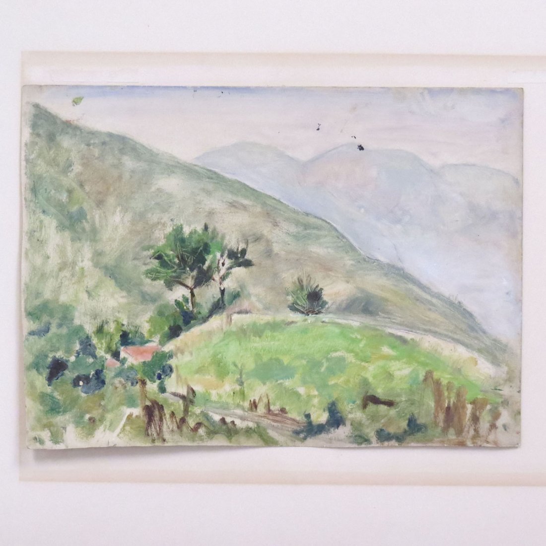 ATTRIBUTED TO GIORGIO MORANDI (ITALIAN 1890-1964): ATTRIBUTED TO GIORGIO MORANDI (ITALIAN 1890-1964), OIL ON PAPER, LANDSCAPE, SIGNED AND TITLED VERSO. SHEET 9 1/8 X 12 3/4"