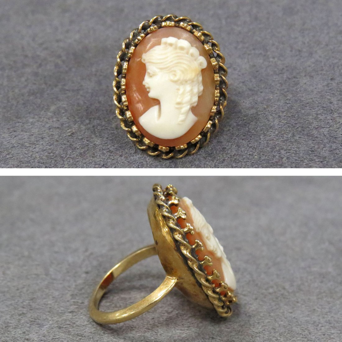YELLOW GOLD (TESTS 14K) CARVED SHELL CAMEO RING: YELLOW GOLD (TESTS 14K) CARVED SHELL CAMEO RING. RING SIZE 5; GROSS WEIGHT 6.94 GRAMS