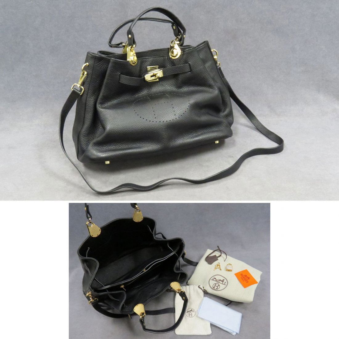 REPLICA-HERMES BLACK LEATHER BIRKIN STYLE HANDBAG: REPLICA-HERMES BLACK LEATHER BIRKIN STYLE HANDBAG