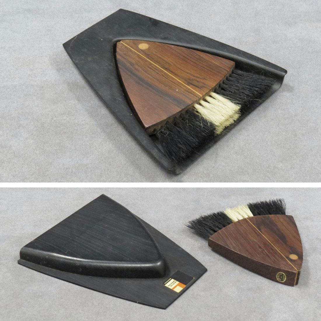 LAURIDS LONBORG DANISH GARMENT BRUSH: LAURIDS LONBORG DANISH INLAID ROSEWOOD AND TEAK GARMENT BRUSH, PAPER LABEL. 5 X 5 3/4"