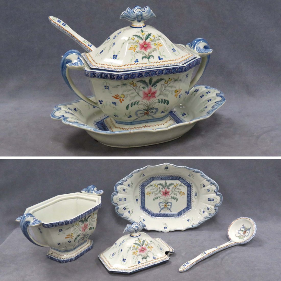 VINTAGE PORTUGAL FAIENCE DECORATED TUREEN, LADLE: VINTAGE PORTUGAL FAIENCE DECORATED TUREEN, LADLE, AND UNDER PLATE. HEIGHT 11 1/2"
