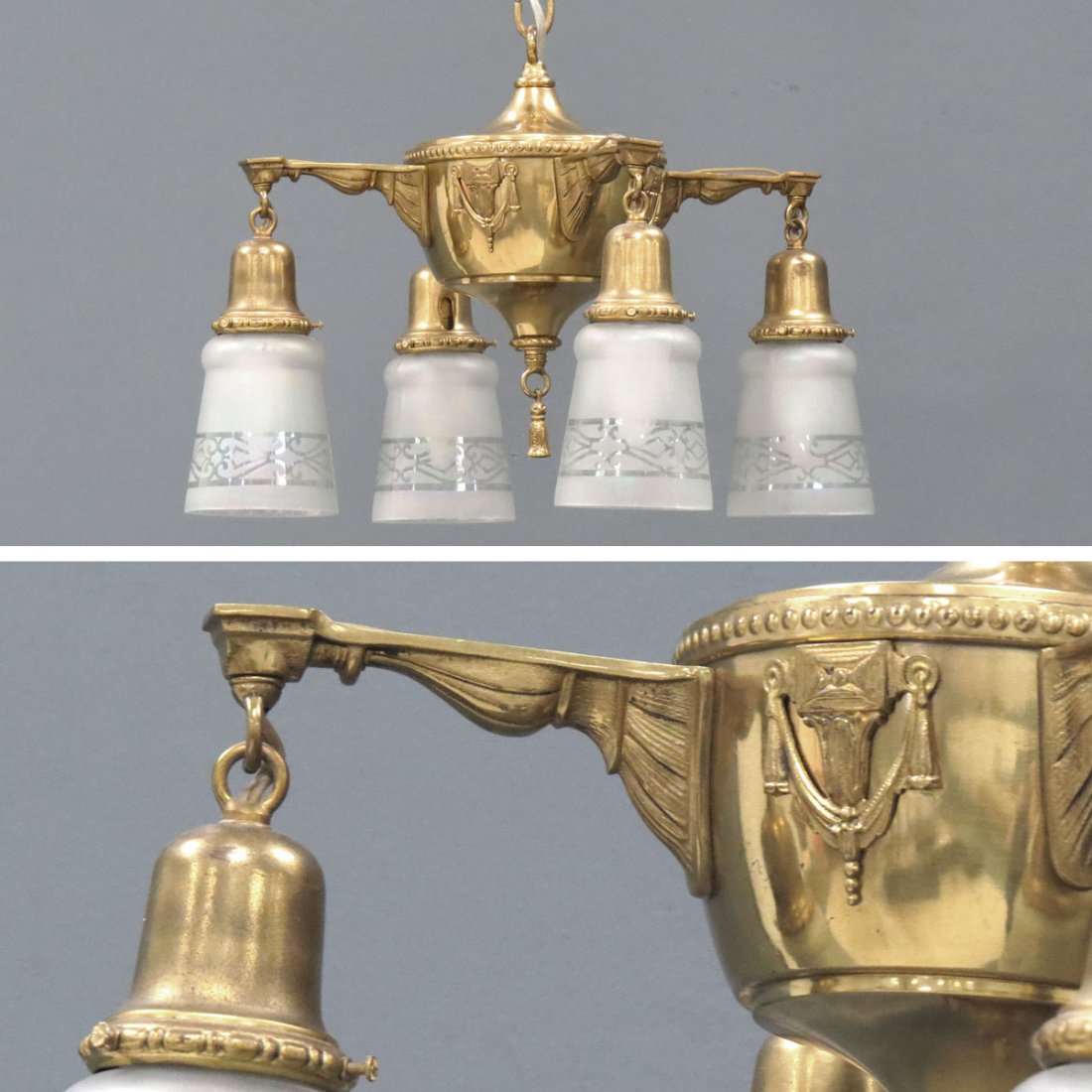 REGENCY STYLE BRASS HANGING LIGHT FIXTURE: REGENCY STYLE BRASS HANGING LIGHT FIXTURE WITH IRIDESCENT SHADES HEIGHT 12"; DIAMETER 20"