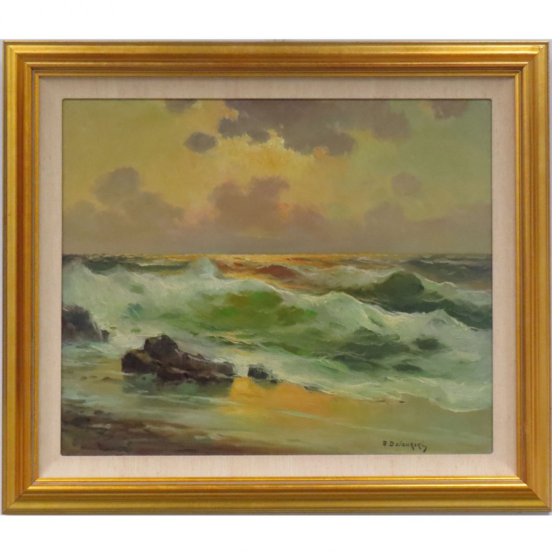 ALEXANDER DZIGURSKI (POLISH/AMERICAN 1941-1995): ALEXANDER DZIGURSKI (POLISH/AMERICAN 1941-1995), OIL ON CANVAS LAID N BOARD, EVENING SURF, SIGNED. 19 1/2 X 23 1/2"; FRAMED 25 X 29"
