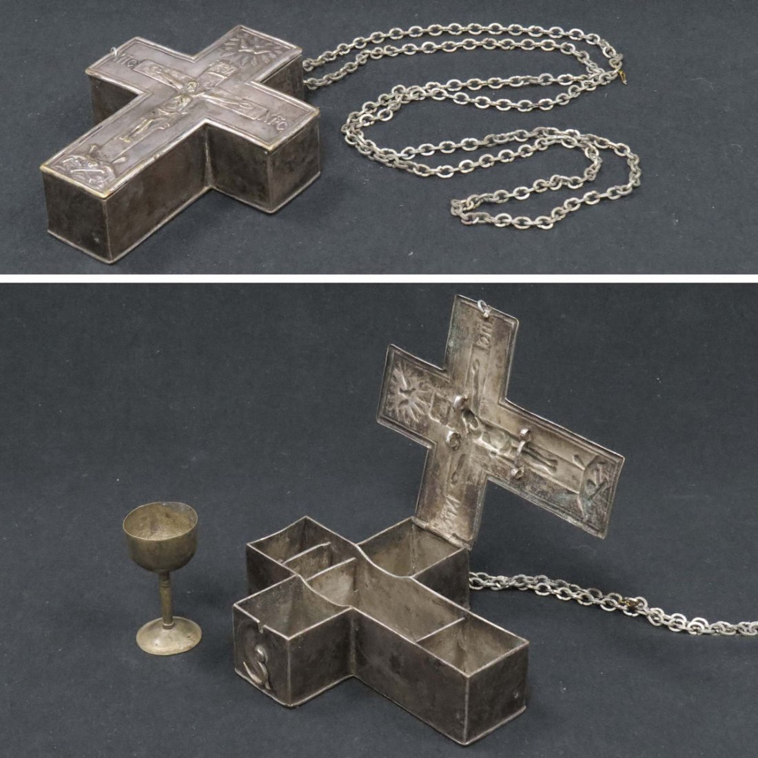 RUSSIAN SILVER OVER COPPER LAST RITES CRUCIFIX: RUSSIAN SILVER OVER COPPER LAST RITES CRUCIFIX, HEIGHT 5 1/4”, BOX AND CHAIN, LENGTH 46”