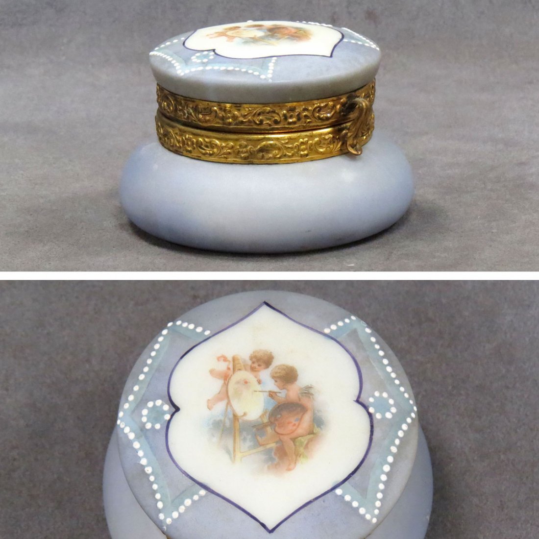 WAVECREST "NAKARA" DRESSER JAR, C.F. MONROE: WAVECREST "NAKARA" DRESSER JAR, C.F. MONROE WITH ORIGINAL LINING. HEIGHT 2 1/2"; DIAMETER 4"