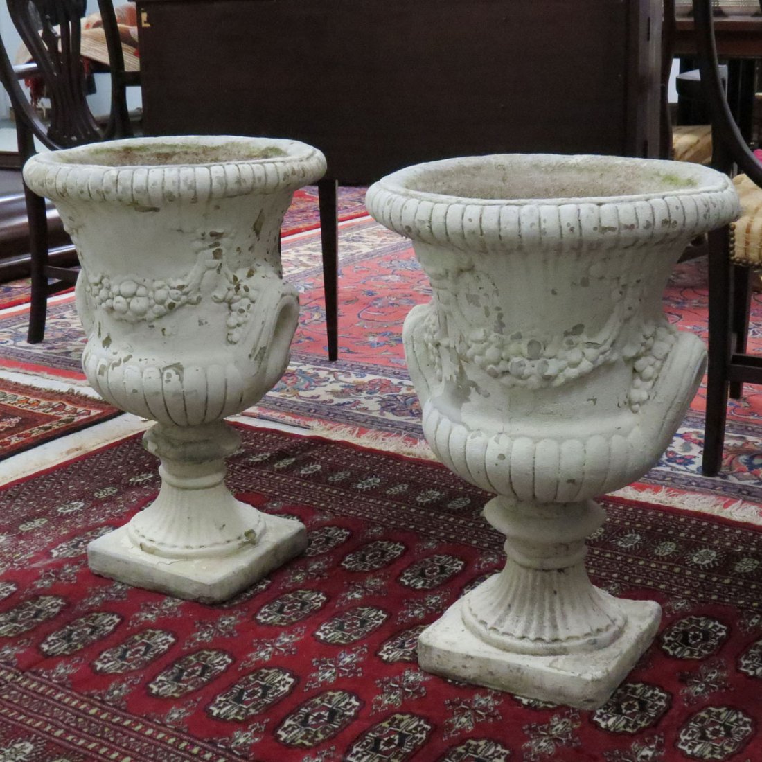 PAIR CLASSICAL STYLE CAST STONE CAMPARA URNS: PAIR CLASSICAL STYLE CAST STONE CAMPARA URNS. HEIGHT 25"
