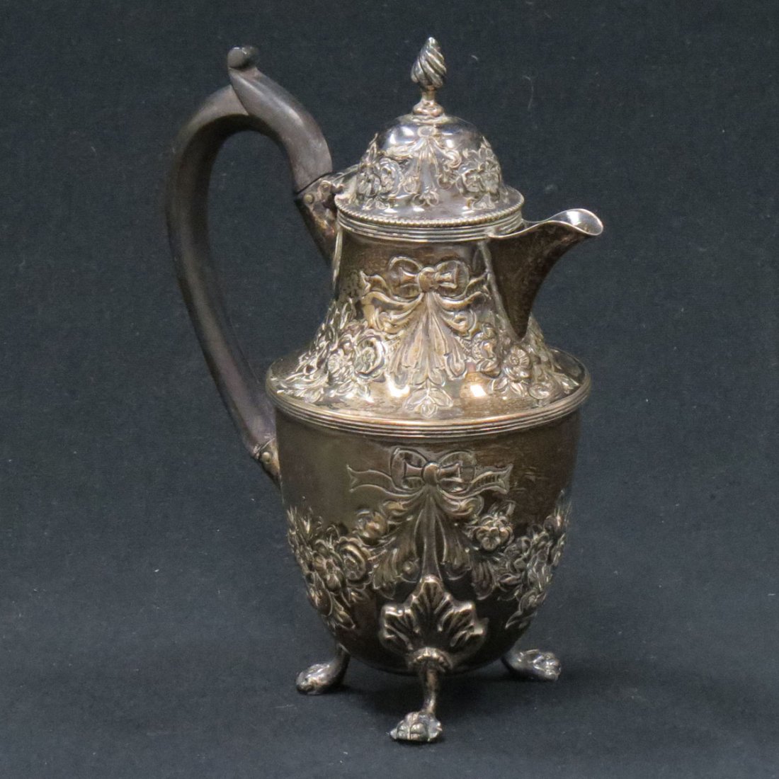 BIRMINGHAM STERLING FOOTED POT WITH EBONY HANDLE: BIRMINGHAM STERLING FOOTED POT WITH EBONY HANDLE, 1892-3. HEIGHT 6 1/2"; GROSS WEIGHT 7.86 OZT