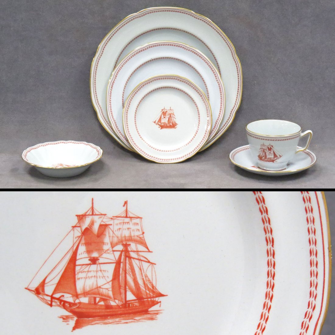 SET COPELAND SPODE "TRADE WINDS" RED CHINA: SET COPELAND SPODE "TRADE WINDS" RED CHINA (68 PIECES) INCLUDING (12) DINNER PLATES, 10"; (12) SALAD/DESSERT, 8"; (10) BREAD PLATES, 6"; (8) BERRY BOWLS, 5 1/4"; (12) SAUCERS; (11) CUPS