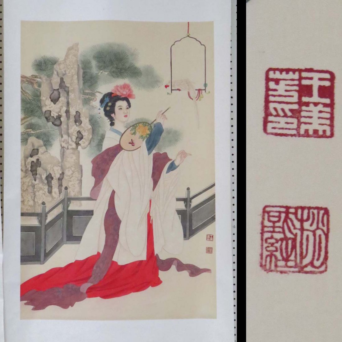 CHINESE WATERCOLOR SCROLL PAINTING, WOMAN: CHINESE WATERCOLOR SCROLL PAINTING, WOMAN IN LONG ROBES, SIGNED WANG MEI YAN. 41 X 27”