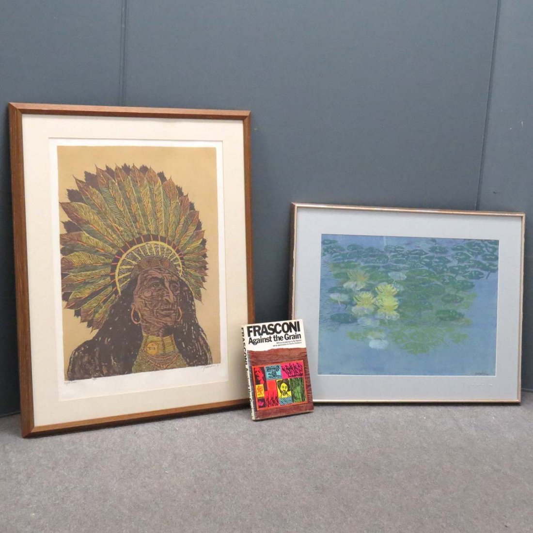 ANTONIO FRASCONI (AMERICAN 1919-2013) WOODCUTS: ANTONIO FRASCONI (AMERICAN 1919-2013), LOT (3) INCLUDING (2) COLORED WOODCUTS INCLUDING "OGLALA SIOUX", SIGNED #53/100, 1971, FRAMED AND GLAZED-36 X 29" AND "ALHAMBRA II", SIGNED #15/15, 1963, FRAMED 