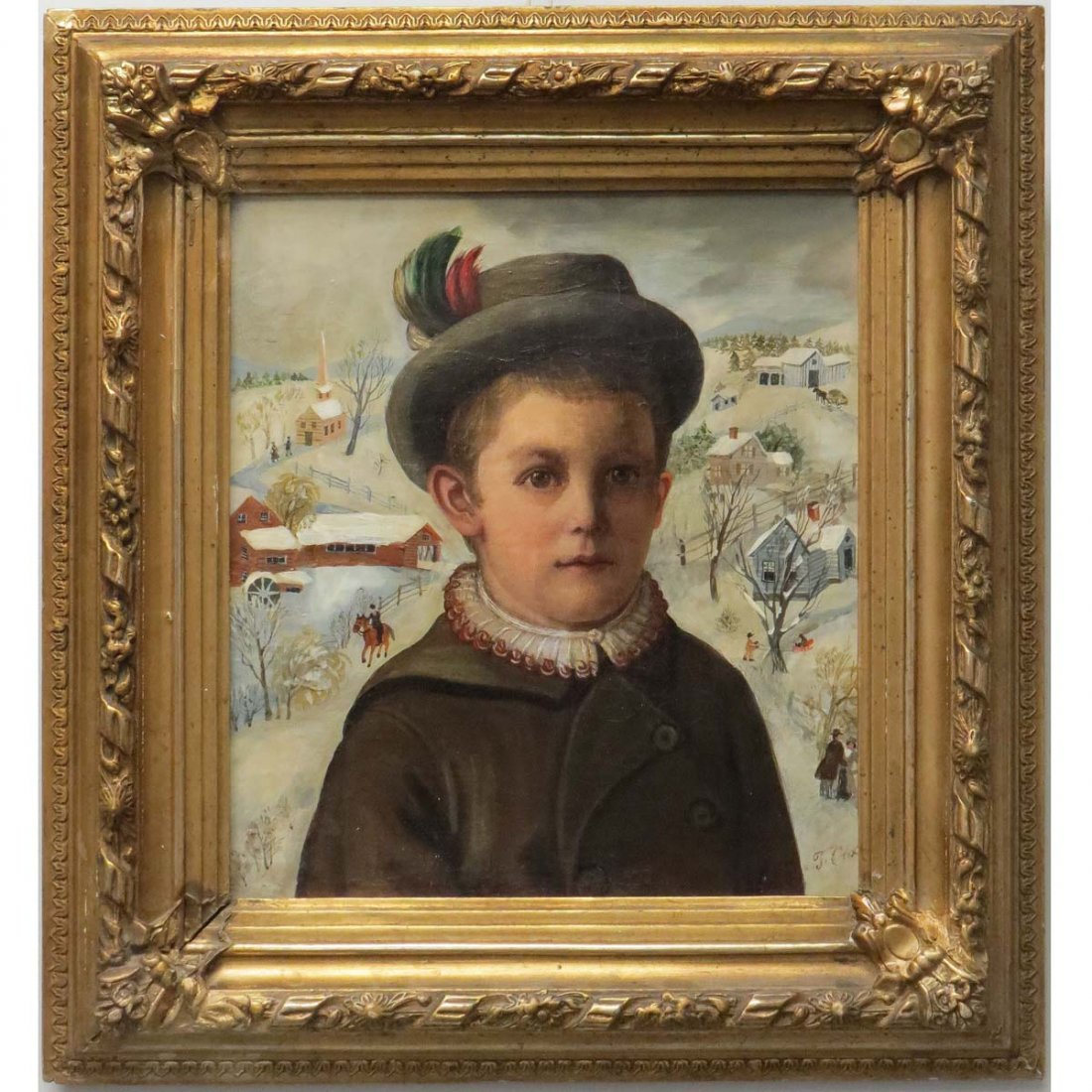 AMERICAN SCHOOL (19TH CENTURY), OIL ON CANVAS: AMERICAN SCHOOL (19TH CENTURY), OIL ON CANVAS, YOUNG MAN IN A WINTER LANDSCAPE, SIGNED F. COX. 16 1/2 X 14 1/2"; FRAMED 24 X 22 1/2"