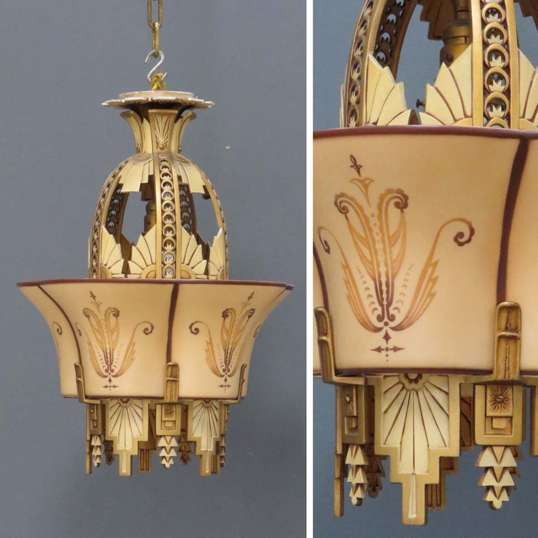 ART DECO STYLE POLYCHROME METAL HANGING LIGHT: ART DECO STYLE POLYCHROME METAL HANGING LIGHT WITH PAINTED GLASS SHADE, SIGNED WILLIAMSON CHICAGO. HEIGHT 22" (CEILING FLUSH MOUNT)