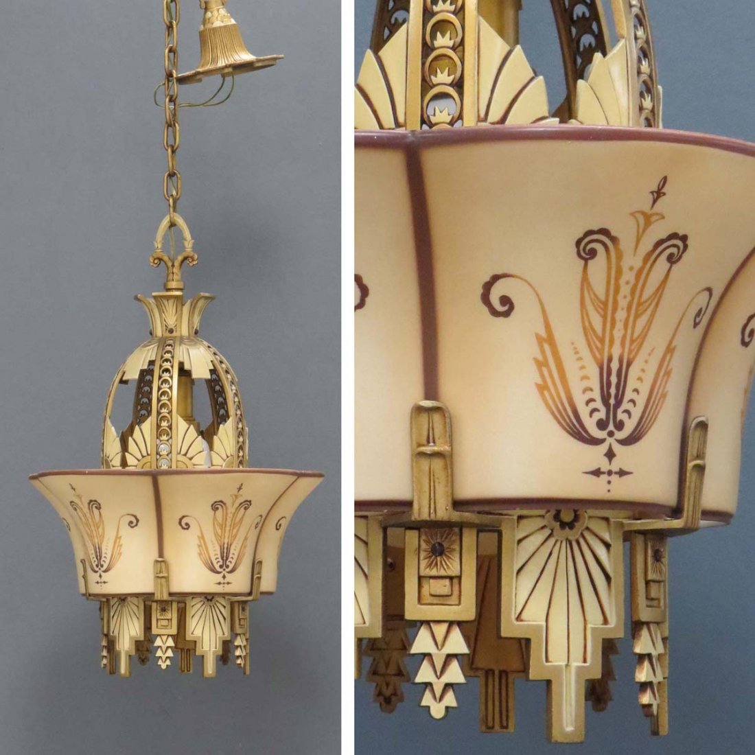 ART DECO STYLE POLYCHROME METAL HANGING LIGHT: ART DECO STYLE POLYCHROME METAL HANGING LIGHT WITH PAINTED GLASS SHADE, SIGNED WILLIAMSON CHICAGO. HEIGHT 22" (CHAIN MOUNT)