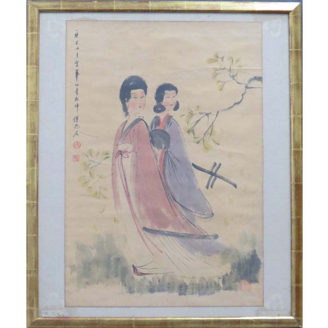 AFTER FU BAO SHI, INK AND WATERCOLOR PAINTING: AFTER FU BAO SHI, INK AND WATERCOLOR PAINTING, TWO WOMEN. 27 X 17 1/2"; FRAMED AND GLAZED-31 X 25"