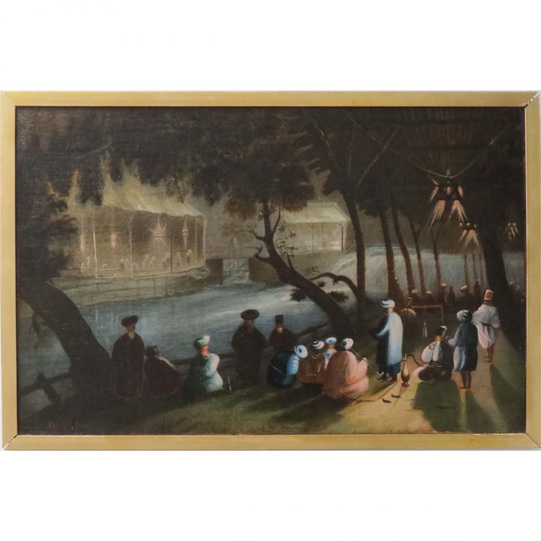 MIDDLE EASTERN SCHOOL (19TH CENTURY), OIL: MIDDLE EASTERN SCHOOL (19TH CENTURY), OIL ON CANVAS, AFTER EVENING PRAYERS, SIGNED ABDULLAH FRERES. 22 X 34"; FRAMED 24 X 36" (RELINED)