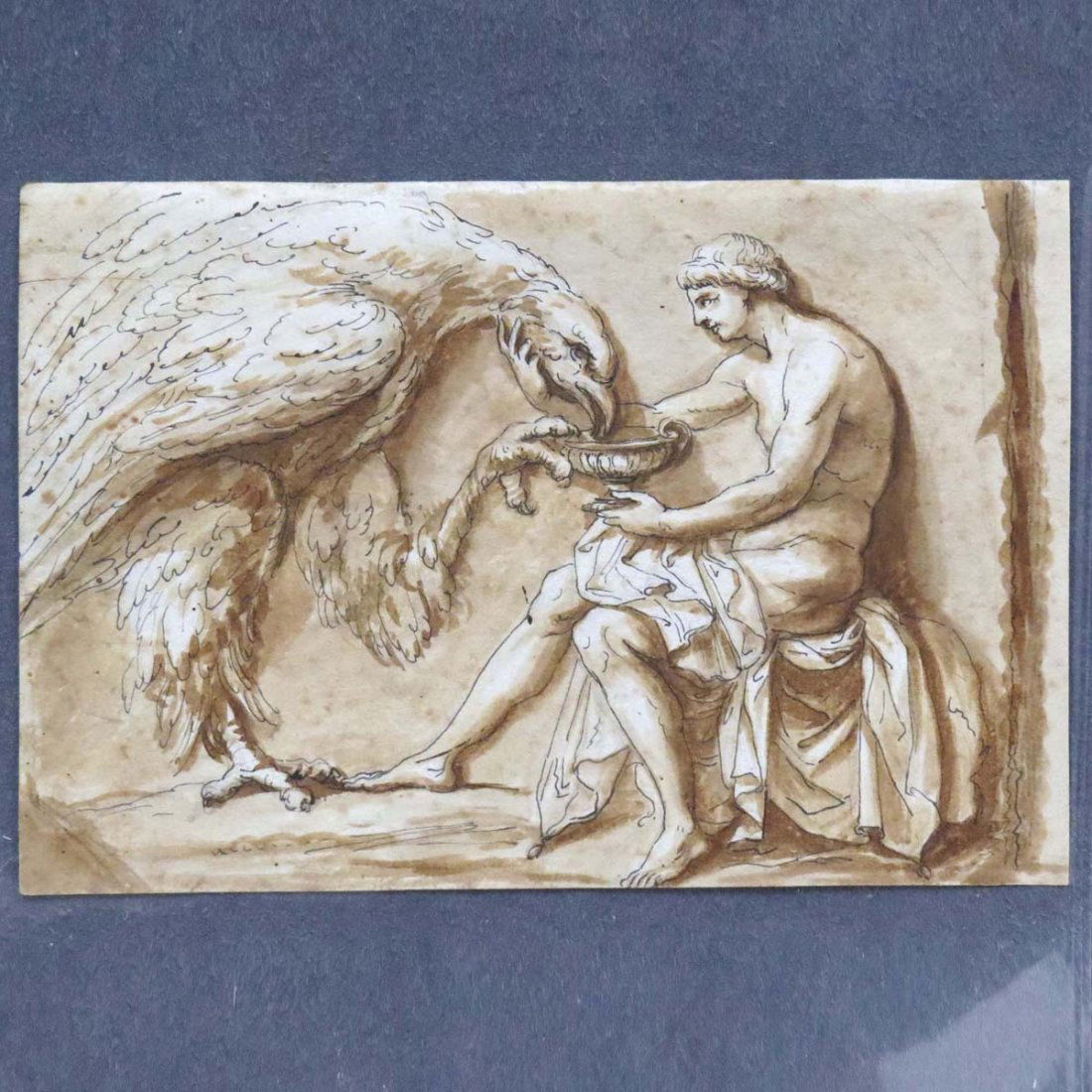 ATTRIBUTED TO FELICE GIANI (ITALIAN 1758-1823): ATTRIBUTED TO FELICE GIANI (ITALIAN 1758-1823), INK AND BROWN WASH ON PAPER, ZEUS AND GANYMEDE, UNSIGNED. SHEET 5 3/8 X 7 1/2"