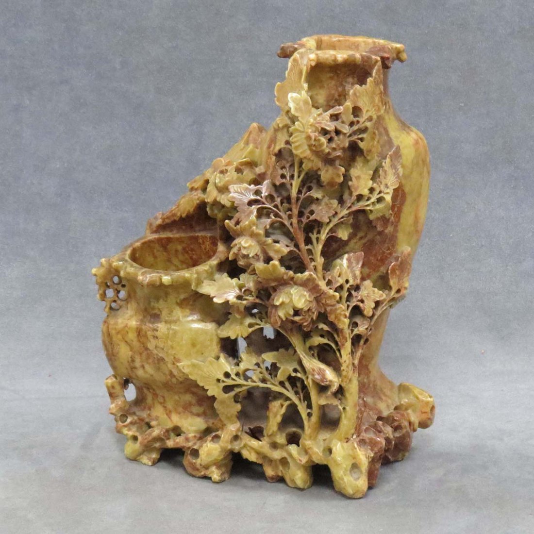 CHINESE CARVED SOAPSTONE SCULPTURE: CHINESE CARVED SOAPSTONE SCULPTURE VASES AND FLOWERS. HEIGHT 10 1/2"