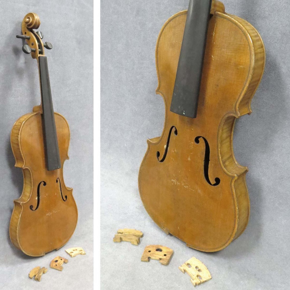 VINTAGE VIOLIN, BRANDED VUILLAUME A' PARIS: VINTAGE VIOLIN, BRANDED VUILLAUME A' PARIS WITH CASE. BACK/LENGTH 14" (INCOMPLETE)