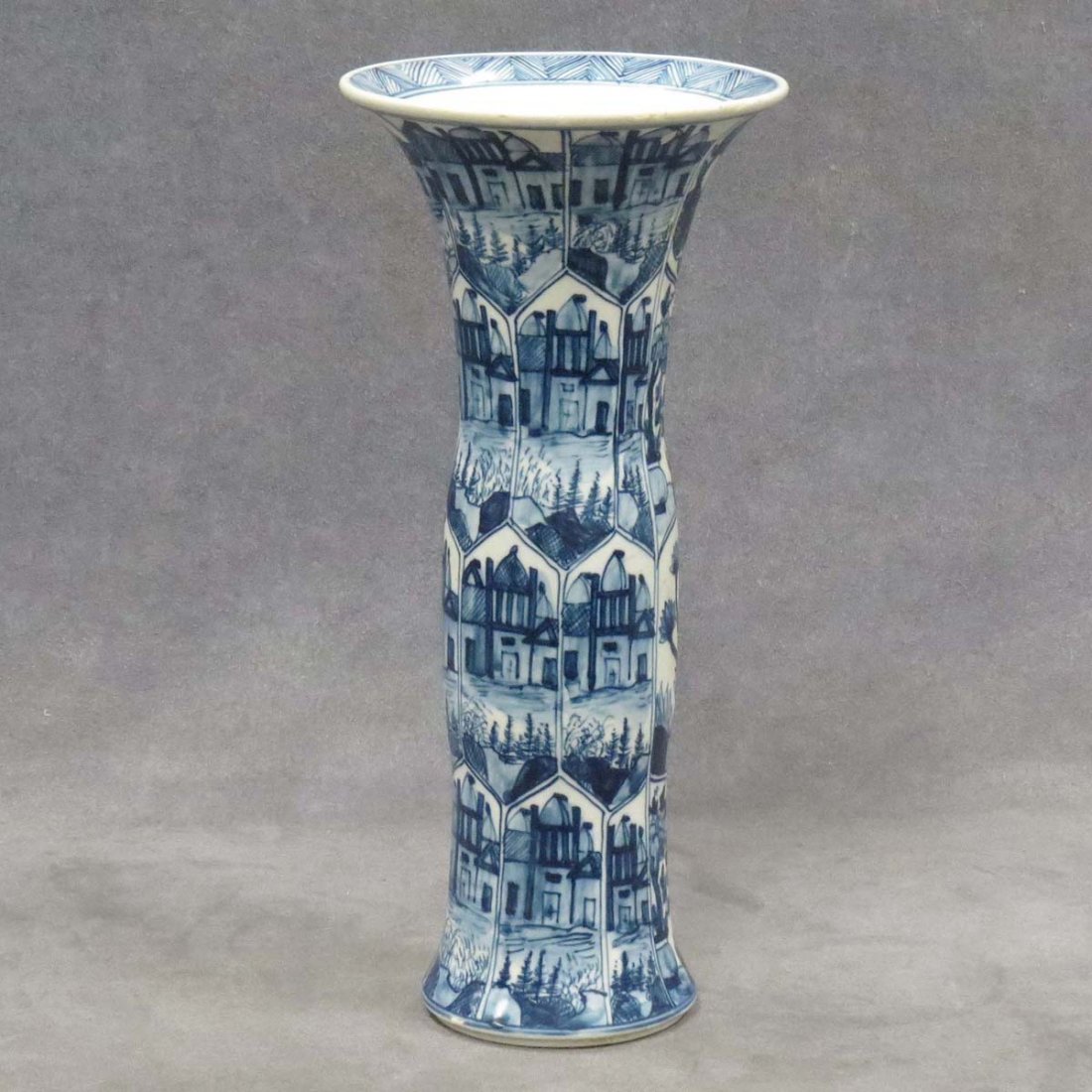 CHINESE MING STYLE DECORATED PORCELAIN BEAKER VASE: CHINESE MING STYLE DECORATED PORCELAIN BEAKER VASE, SIGNED CHING. HEIGHT 11 1/2"
