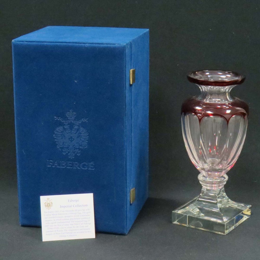 FABERGE CRYSTAL IMPERIAL VASE, SIGNED, CASED: FABERGE CRYSTAL IMPERIAL VASE, SIGNED, CASED. HEIGHT 10 1/2"