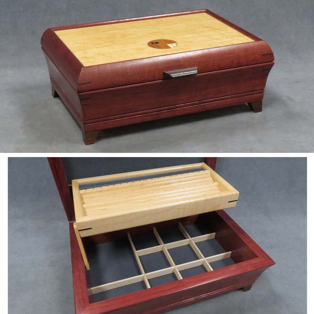 MICHAEL MIKUTOWSKI (AMERICAN 20TH CENTURY), BOX: MICHAEL MIKUTOWSKI (AMERICAN 20TH CENTURY), MULTI EXOTIC WOODS INLAID JEWELRY BOX. HEIGHT 5 1/2"; TOP 9 1/2 X 13 1/2"