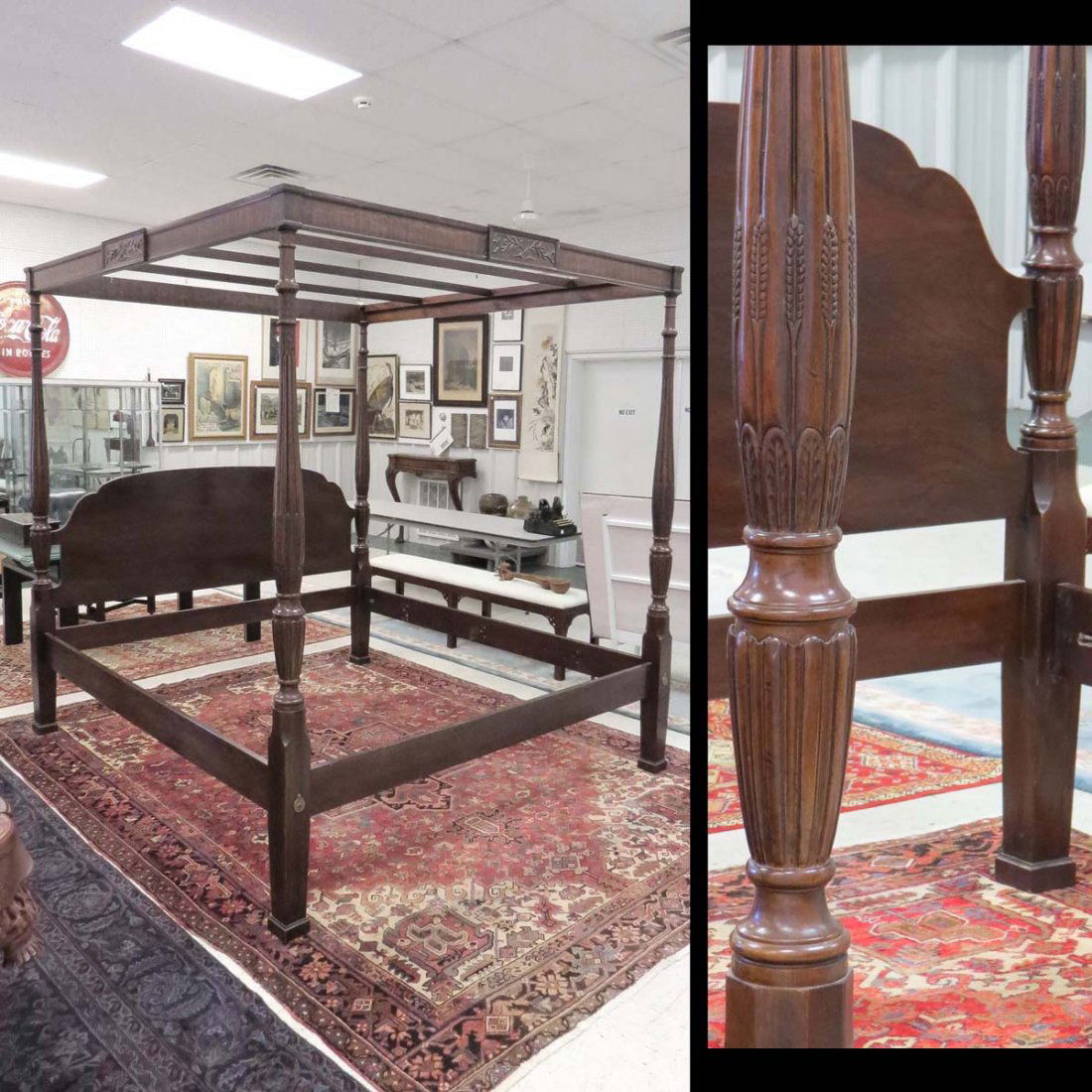 SHERATON STYLE MAHOGANY (KING SIZE) TESTER BED: SHERATON STYLE CARVED MAHOGANY (KING SIZE) TESTER BED. HEIGHT 89"; WIDTH 82"