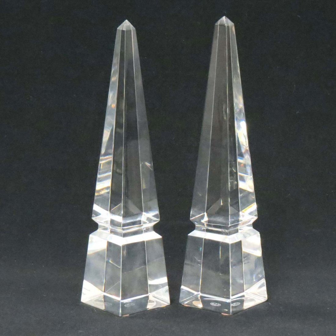 PAIR BACCARAT CRYSTAL OBELISK, SIGNED: PAIR BACCARAT CRYSTAL OBELISK, SIGNED. HEIGHT 10"