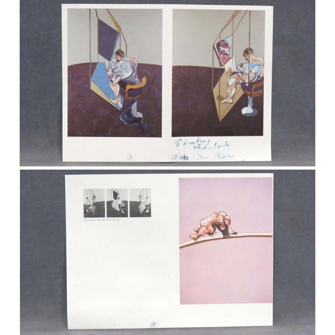 FRANCIS BACON (IRISH 1909-1992), SIGNED: FRANCIS BACON (IRISH 1909-1992), SIGNED AND INSCRIBED PRINT, "TO LEONE KENNY, WITH ALL BEST WISHES, FRANCIS BACON, 17/12/88". SHEET 12 X 16" PROVENANCE: HENRY DONN GALLERIES, BURY NEW RD, MANCHESTER E