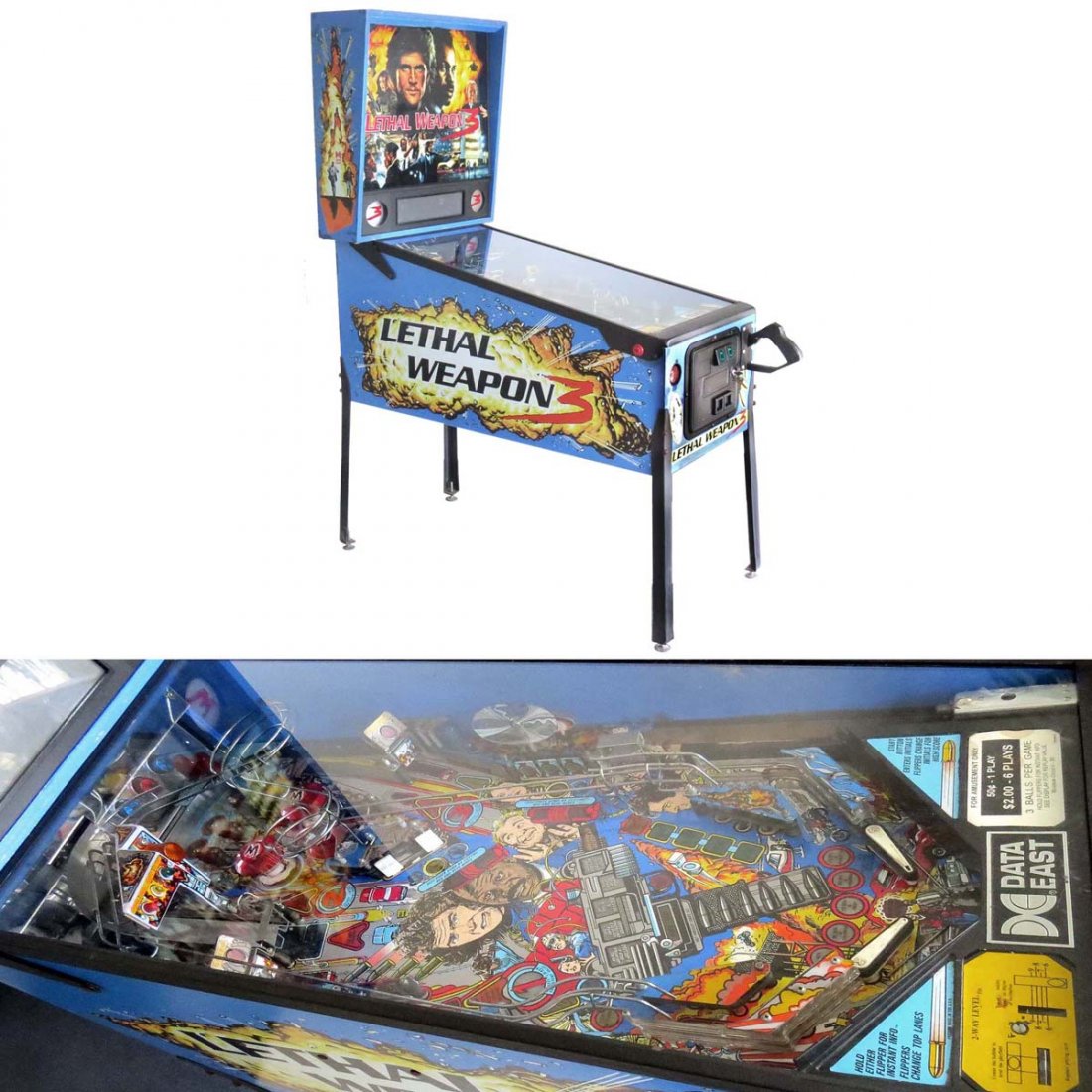 DELTA EAST "LETHAL WEAPONS" PIN BALL MACHINE: DELTA EAST "LETHAL WEAPONS" 25 CENT PIN BALL MACHINE WITH MANUALS (WORKING)