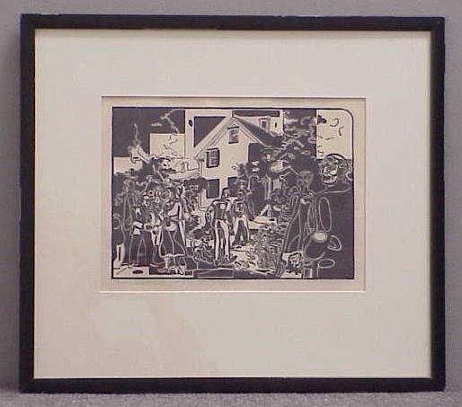 WOODCUT, LAWN PARTY, SIGNED FISKE BOYD,: WOODCUT, LAWN PARTY, SIGNED FISKE BOYD, 1942, #231 '75 (AMERICAN 1895-1975). 6 1/2 X 8 3/4" CONDITION REPORTS ARE BRIEF WHEN INCLUDED IN THE DESCRIPTIONS, PERSPECTIVE BUYERS SHOULD CONTACT THE GALLERY