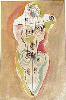 W/C ABSTRACT FIGURE, SGN KONRAD CRAMER: WATERCOLOR, ABSTRACT FIGURE, SIGNED KONRAD CRAMER, DECEMBER 16TH, 1952, #2 (WOODSTOCK NY 1888-1965). SHEET 19 X 12" (LAID DOWN). CONDITION REPORTS ARE BRIEF WHEN INCLUDED IN THE DESCRIPTIONS, PERSPECT