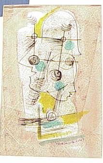 W/C ABSTRACT PROFILES SGN KONRAD CRAMER: WATERCOLOR, ABSTRACT PROFILES, SIGNED KONRAD CRAMER, DEC. 14. 52, #5 (WOODSTOCK NY, 1888-1965). SHEET 18 3/4 X 12" (LAID DOWN). CONDITION REPORTS ARE BRIEF WHEN INCLUDED IN THE DESCRIPTIONS, PERSPECTI