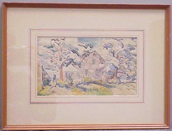 W/C, LANDSCAPE WITH HOUSE, SGN BOYD: WATERCOLOR, LANDSCAPE WITH HOUSE, SIGNED FISKE BOYD, 1931 (AMERICAN 1895-1975). IMAGE 6 X 10" CONDITION REPORTS ARE BRIEF WHEN INCLUDED IN THE DESCRIPTIONS, PERSPECTIVE BUYERS SHOULD CONTACT THE GALLE