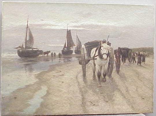 O/C, "ON THE BEACH-EGMOND HOLLAND": OIL ON CANVAS, "ON THE BEACH-EGMOND HOLLAND", SIGNED WILLIAM H. HOWE, PNXT--84 (AMERICAN 1846-1929). 24 X 32 1/2" (EXHIBITED SEVENTEENTH ANNUAL EXHIBITION-CHICAGO 1889 (EDGE RELINE/OLD PATCHES) CONDIT