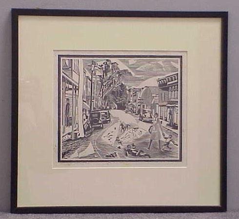 WOODCUT, MAIN STREET, SIGNED FISKE BOYD: WOODCUT, MAIN STREET, SIGNED FISKE BOYD 1925, #81, 4/50 (AMERICAN 1895-1975). 8 X 9 1/2" CONDITION REPORTS ARE BRIEF WHEN INCLUDED IN THE DESCRIPTIONS, PERSPECTIVE BUYERS SHOULD CONTACT THE GALLERY FO