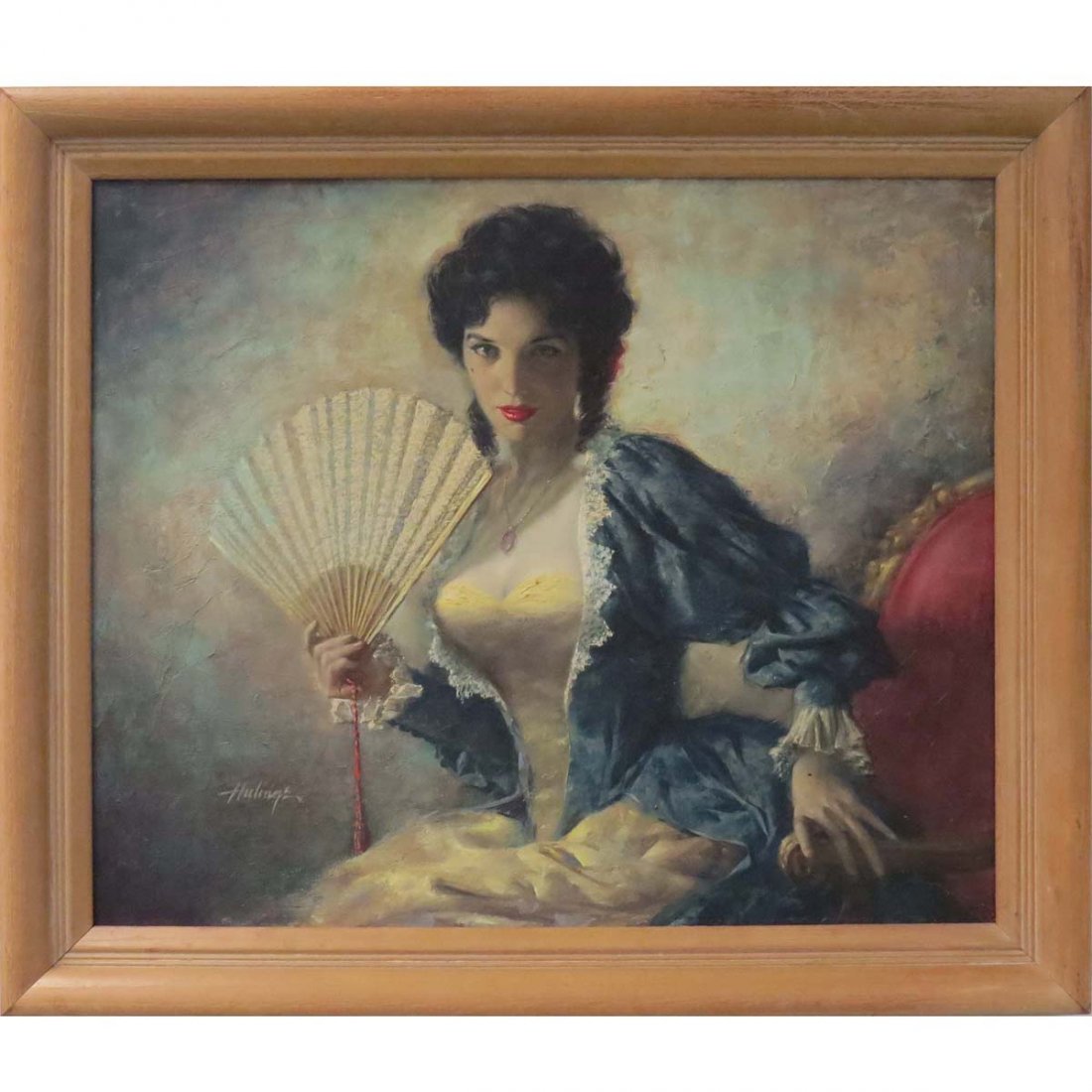 CLARK HULINGS (AMERICAN 1922-2011), OIL: CLARK HULINGS (AMERICAN 1922-2011), OIL ON ARTIST PANEL ILLUSTRATION, THE FAN, SIGNED. 20 X 24"; FRAMED 24 X 28"