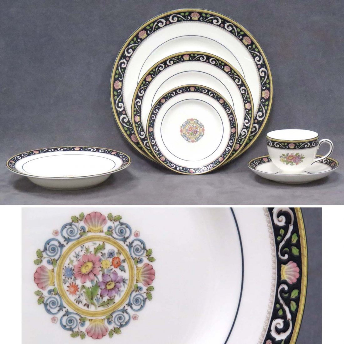 WEDGWOOD "RUNNYMEDE" (W4472) DINNERWARE: WEDGWOOD "RUNNYMEDE" (W4472) DECORATED PORCELAIN DINNER SERVICE FOR (12) WITH EXTRAS INCLUDING (12) DINNER PLATES, 10 3/4"; (13) SALAD PLATES, 8"; (13) BREAD & BUTTER PLATES, 6"; (14) SOUP BOWLS, 8"; 
