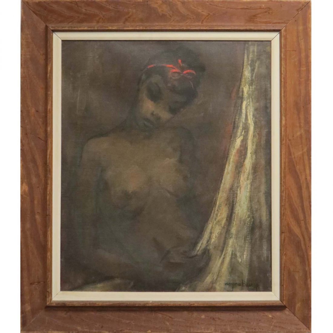 MARJORIE CUTLER BISHOP (AMERICAN 1904-), OIL: MARJORIE CUTLER BISHOP (AMERICAN 1904-), OIL ON CANVAS, "THE SHOWER", SIGNED AND TITLED. 23 X 20"; FRAMED 31 X 27" PROVENANCE: MORTIMER LEVITT GALLERY, 16 W. 57TH ST, NYC (LABEL VERSO)
