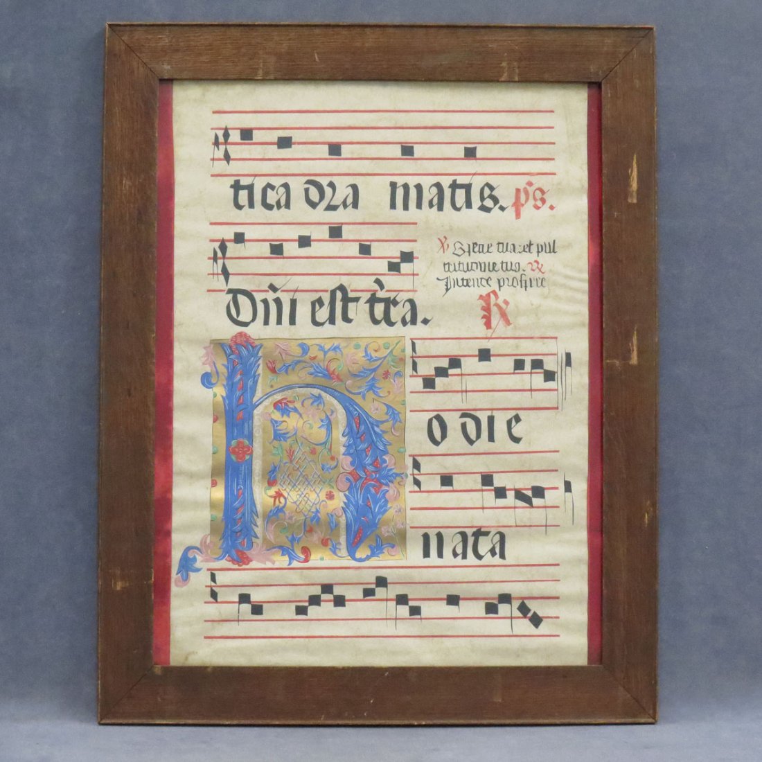 CONTINENTAL SCHOOL (16TH CENTURY), MUSIC PAGE: CONTINENTAL SCHOOL (16TH CENTURY), ILLUMINATED VELLUM MUSIC PAGE. SIGHT 25 X 20"; FRAMED AND GLAZED-31 X 25 1/2"