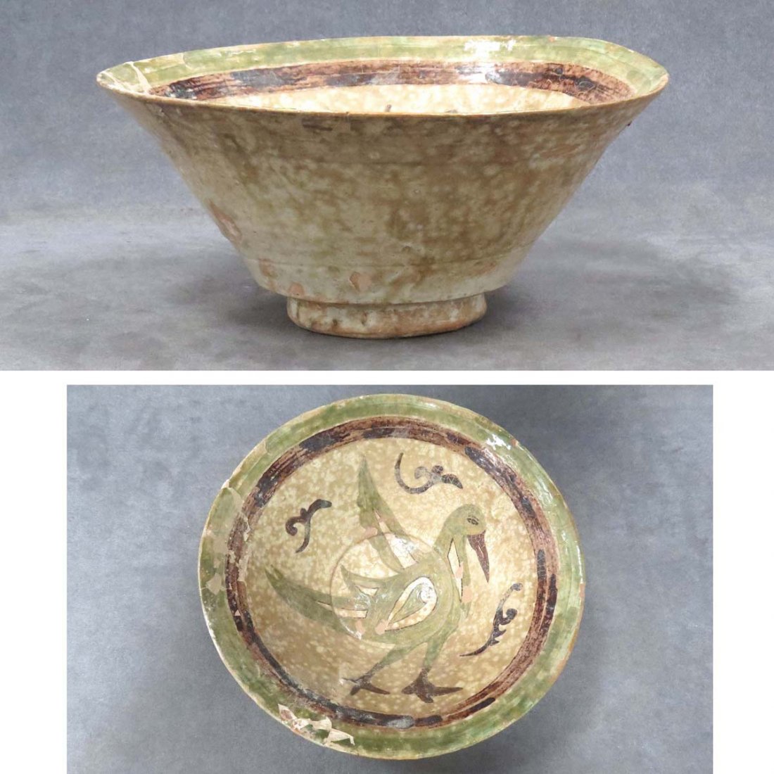 ISLAMIC (NESHAPUR) FAIENCE GLAZED POTTERY BOWL: ISLAMIC (NESHAPUR) FAIENCE GLAZED POTTERY BOWL. HEIGHT 4"; DIAMETER 8 3/4" (RESTORED)