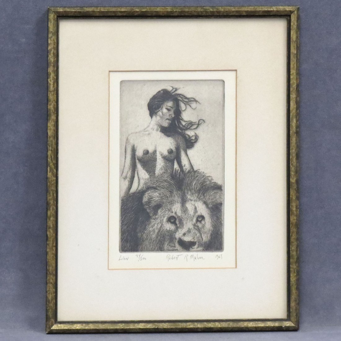 ROBERT R. MALONE (AMERICAN 1933-), ETCHING, LION: ROBERT R. MALONE (AMERICAN 1933-), ETCHING, LION, SIGNED 94/100 1969. SIGHT 9 X 6"; FRAMED AND GLAZED-15 X 12"