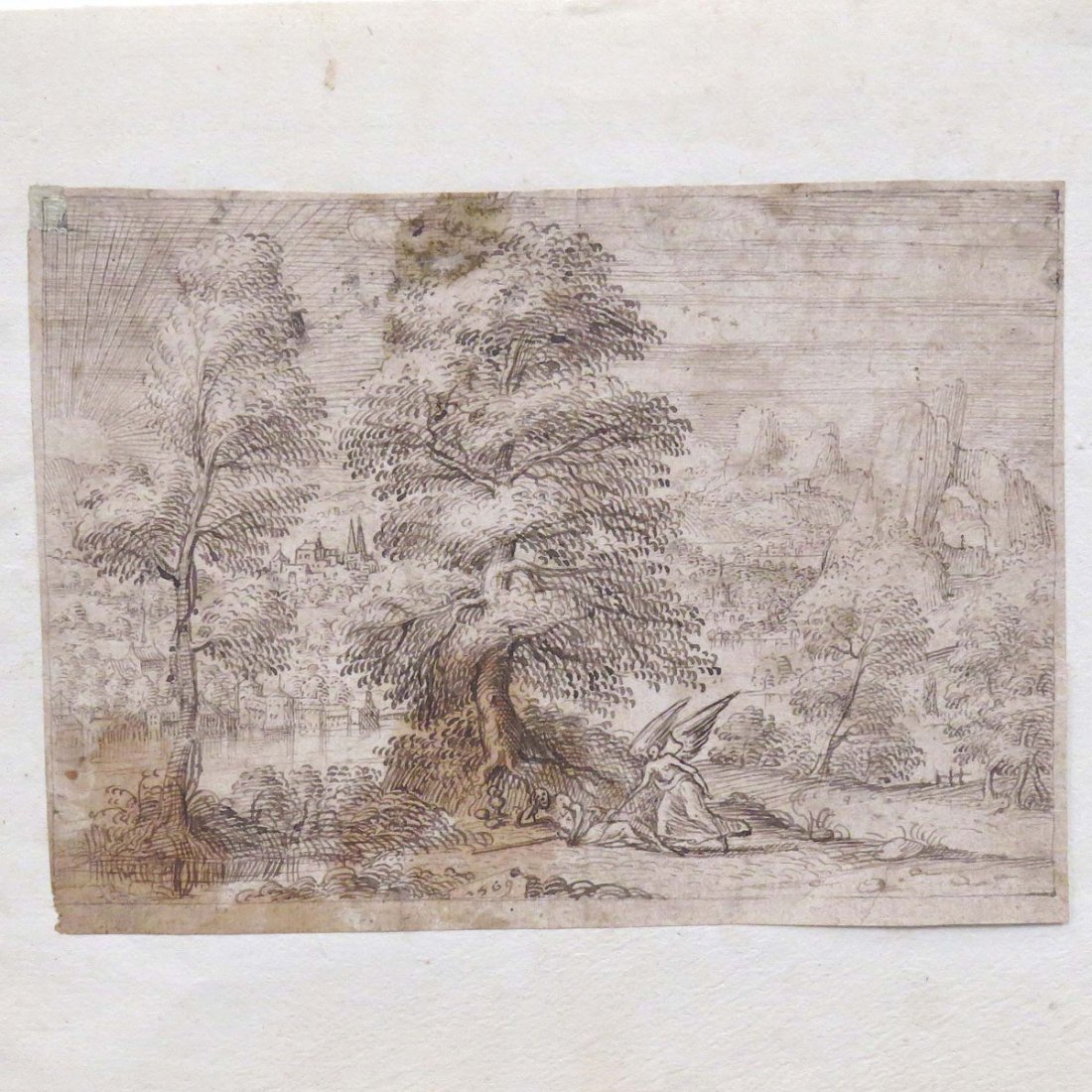 ATTRIBUTED TO HANS BOL (FLEMISH/DUTCH 1534-1593): ATTRIBUTED TO HANS BOL (FLEMISH/DUTCH 1534-1593), PEN AND INK, JACOB AND AN ANGEL IN A LANDSCAPE, UNSIGNED, DATED 1569. SHEET 5 1/4 X 7 1/8" (SMALL EDGE TEAR, LAID DOWN)