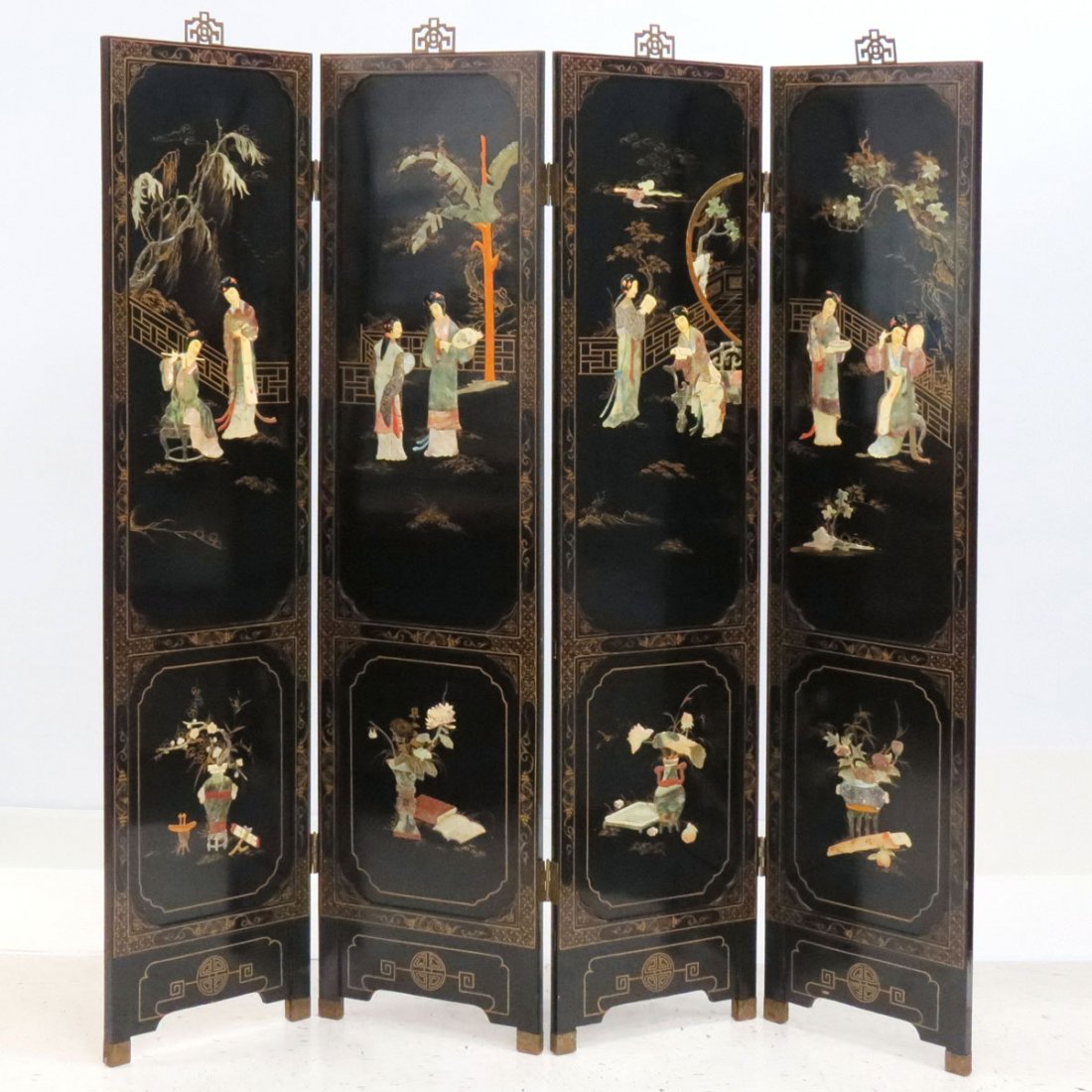 CHINESE HARDSTONE AND BONE MOUNTED 4-PANEL SCREEN: CHINESE HARDSTONE AND BONE MOUNTED 4-PANEL SCREEN. HEIGHT 72"; WIDTH 72" **CANNOT EXPORT**