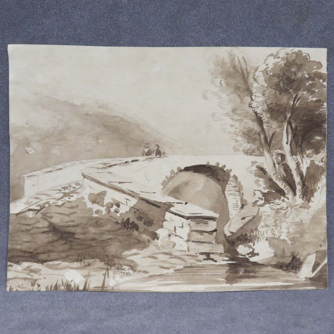 ITALIAN SCHOOL (18TH CENTURY), INK AND BROWN WASH: ITALIAN SCHOOL (18TH CENTURY), INK AND BROWN WASH ON PAPER, STONE BRIDGE WITH FIGURES, UNSIGNED. SHEET 6 X 7 3/4"