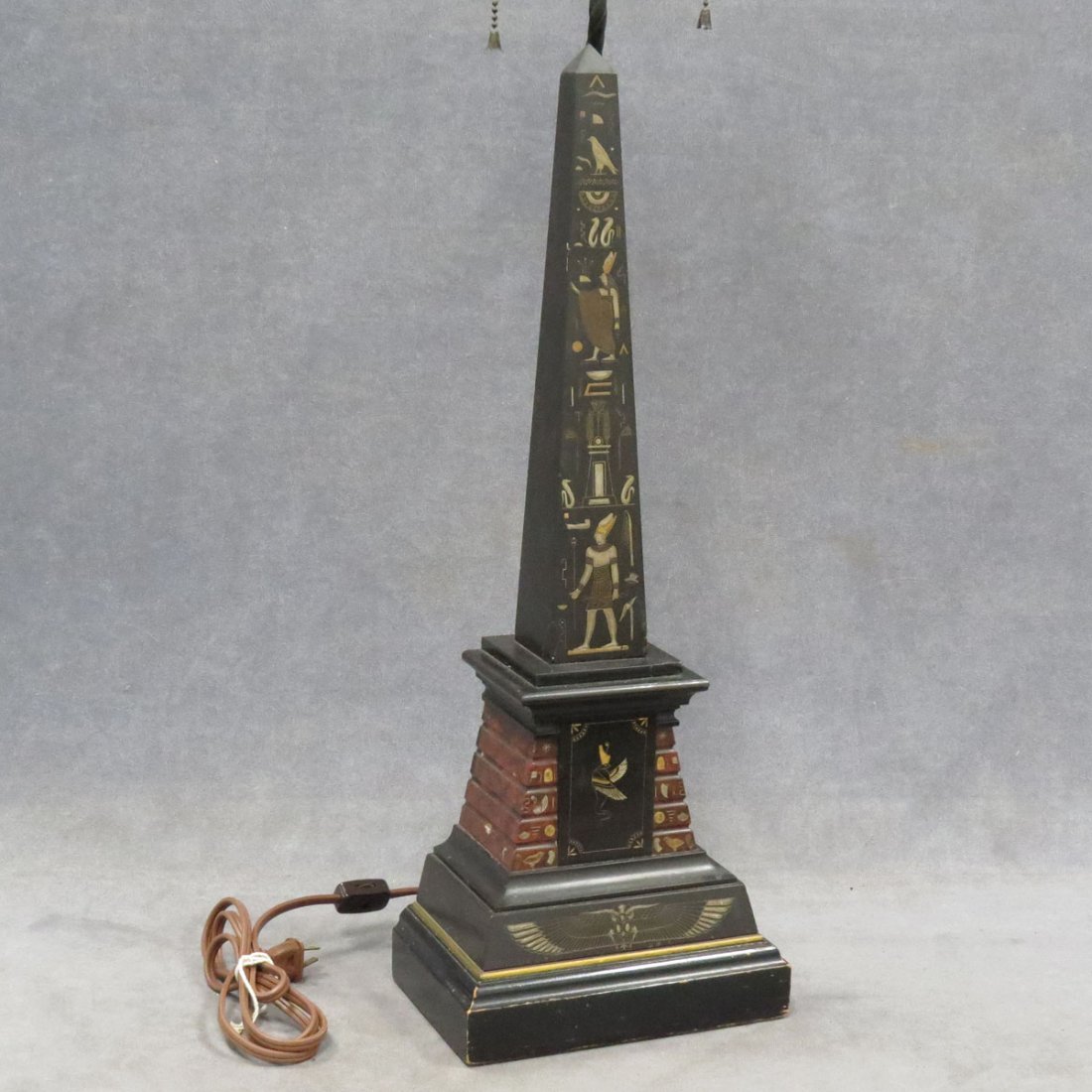 FRENCH MARBLE/SLATE DECORATED OBELISK: FRENCH MARBLE/SLATE DECORATED OBELISK, MOUNTED AS A LAMP, 19TH CENTURY. HEIGHT 32"