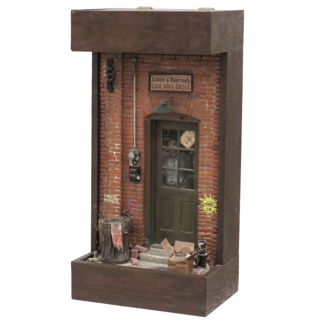 MICHAEL GARMAN (AMERICAN 20TH CENTURY): MICHAEL GARMAN (AMERICAN 20TH CENTURY), ILLUMINATED WOOD AND COMPOSITION DIORAMA/SCULPTURE, "LEROY AND BERTHA'S BAR AND GRILL", SIGNED. HEIGHT 29 1/4"; WIDTH 14 1/2"