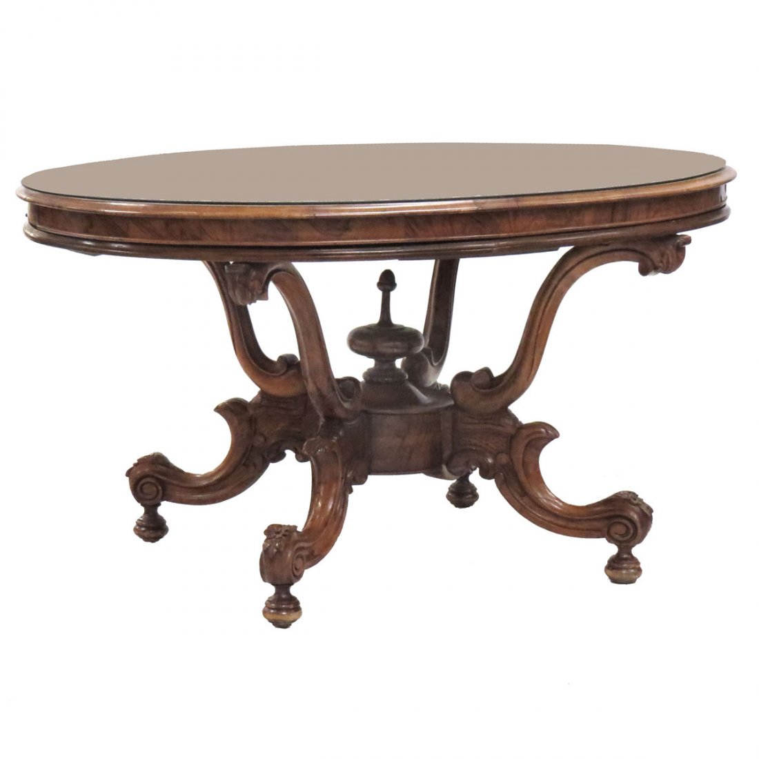 REGENCY CARVED WALNUT BREAKFAST TABLE: REGENCY CARVED WALNUT BREAKFAST TABLE WITH PLATE GLASS TOP, 19TH CENTURY. HEIGHT 30"; TOP 43 X 55"