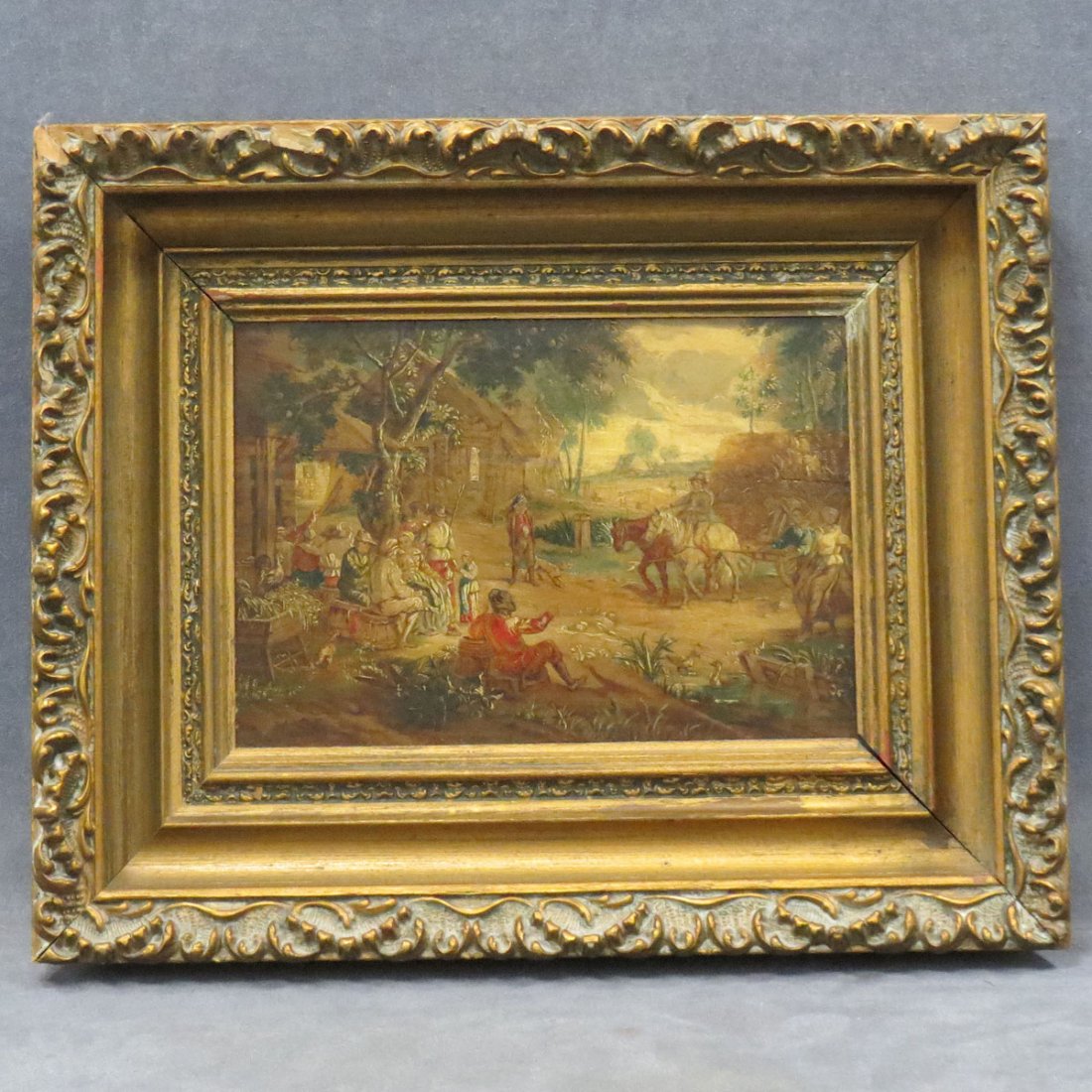 FLEMISH SCHOOL (19TH CENTURY), OIL ON PANEL: FLEMISH SCHOOL (19TH CENTURY), OIL ON PANEL, VILLAGE SCENE, AFTER JACOBS, SIGNED. 7 3/4 X 11"; FRAMED 13 X 16 1/2"