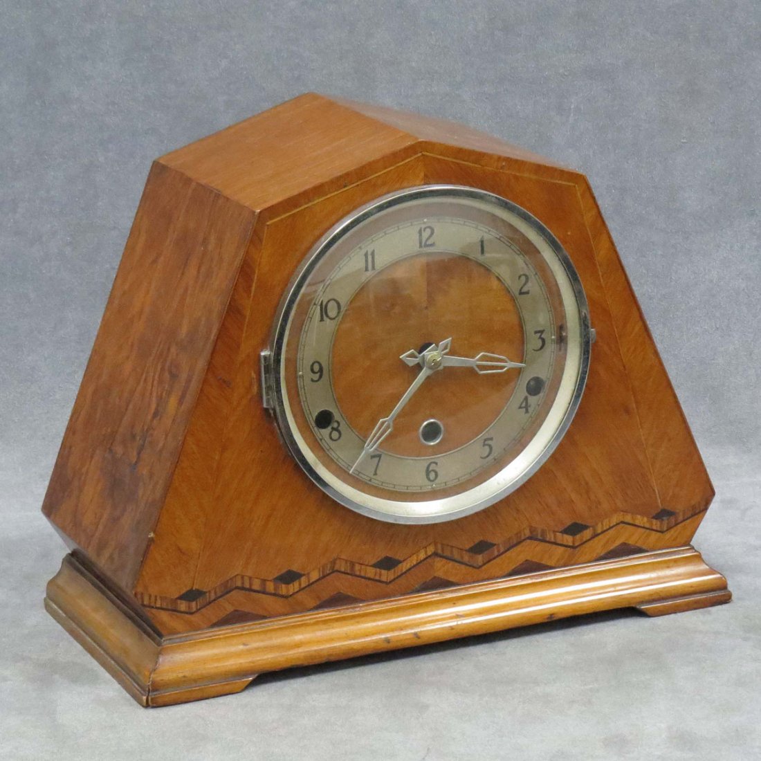 ART DECO GERMAN INLAID WALNUT MANTLE CLOCK: ART DECO GERMAN INLAID WALNUT MANTLE CLOCK WITH WESTMINSTER CHIMES. HEIGHT 9 3/4"; WIDTH 12"